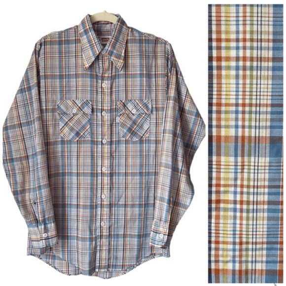 1970s 1980s Vintage Levis Longhorn‎ Plaid Button Up Shirt Men's Long Sleeve USA